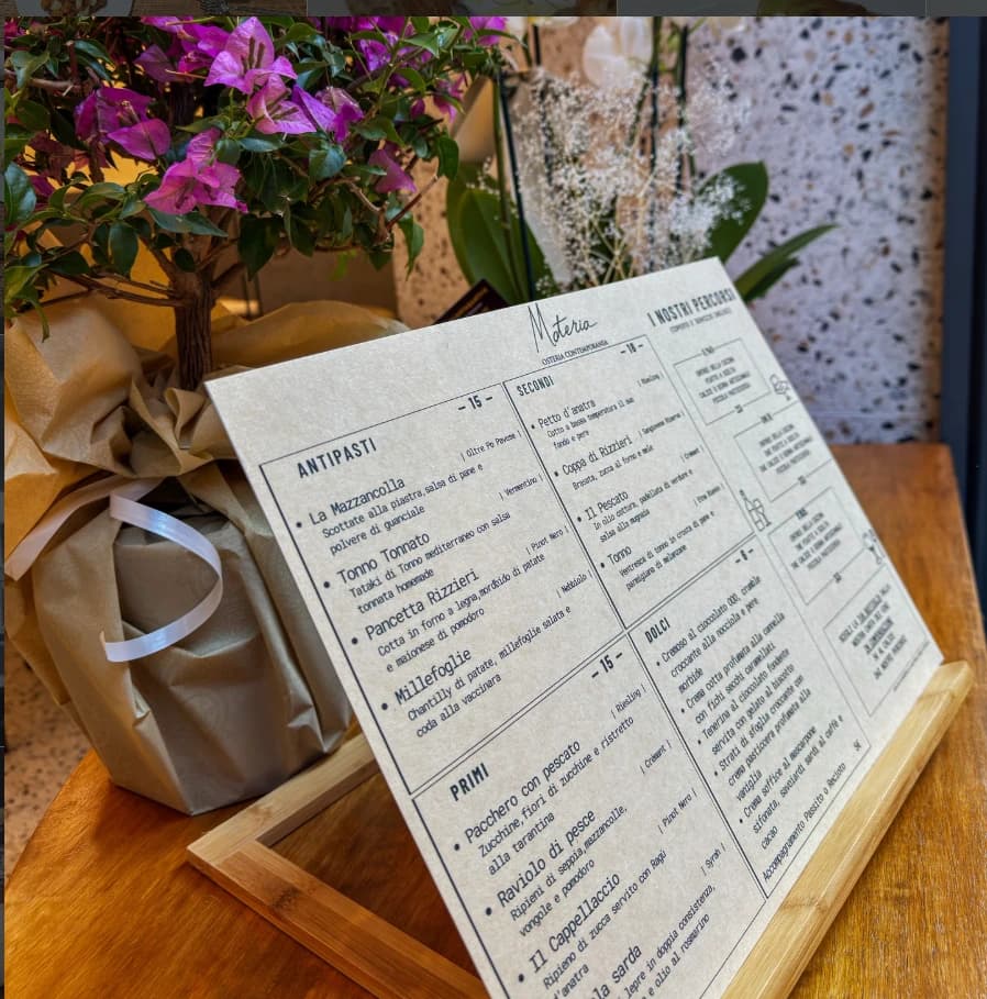 Menù stampato di Materia Osteria Contemporanea, Ferrara